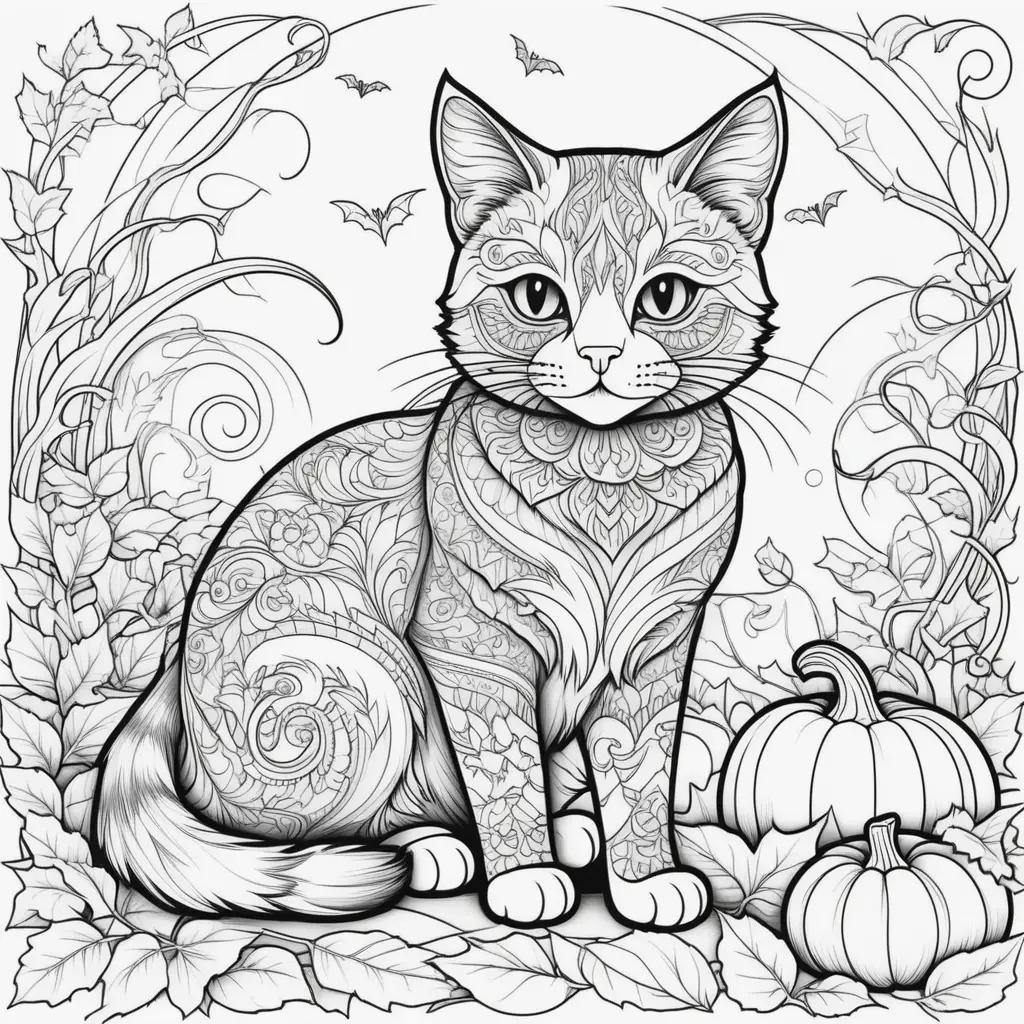 Black and white Halloween cat coloring page with bats and pumpkins