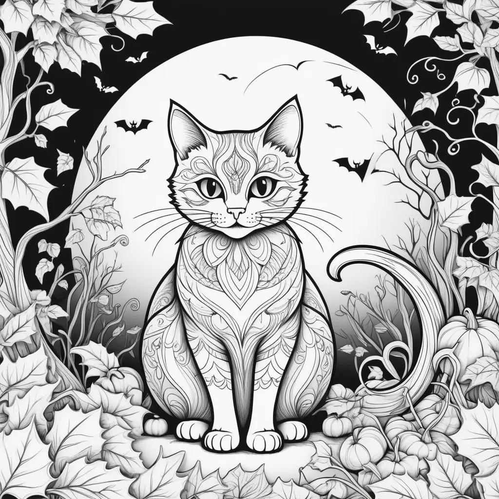 Black and white Halloween cat coloring page with bats and pumpkins