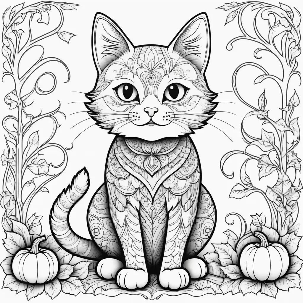 Black and white Halloween cat coloring page with flowers