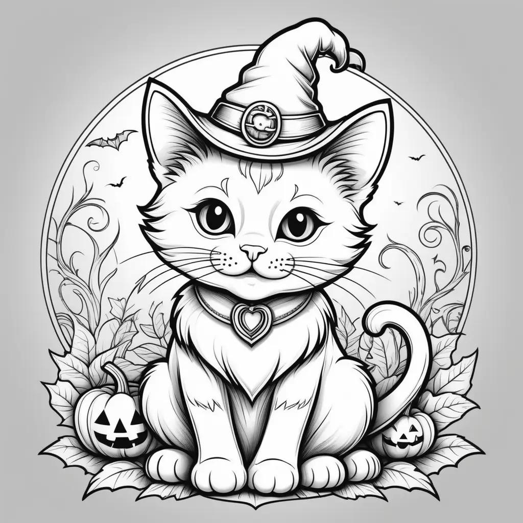 Black and white Halloween cat coloring pages featuring a witch hat and heart