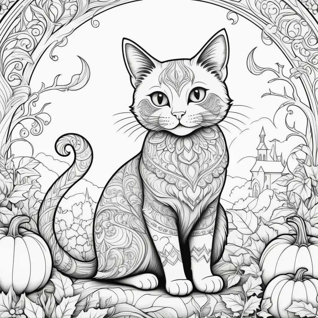 Black and white Halloween cat coloring pages with a pumpkin