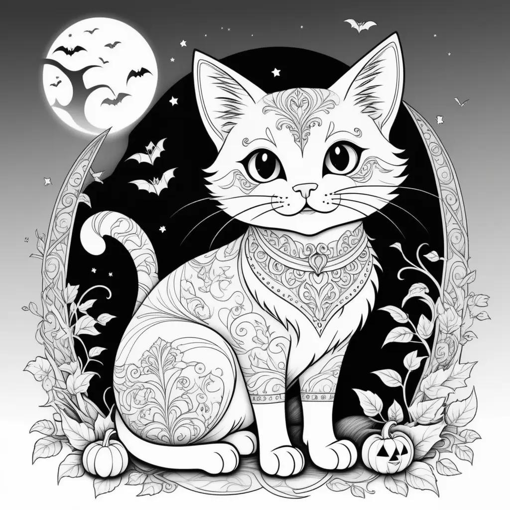 Black and white Halloween cat coloring pages with bats and pumpkins