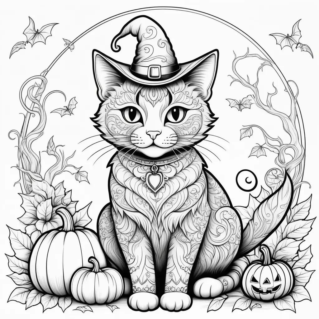 Black and white Halloween cat coloring pages with pumpkins and bats