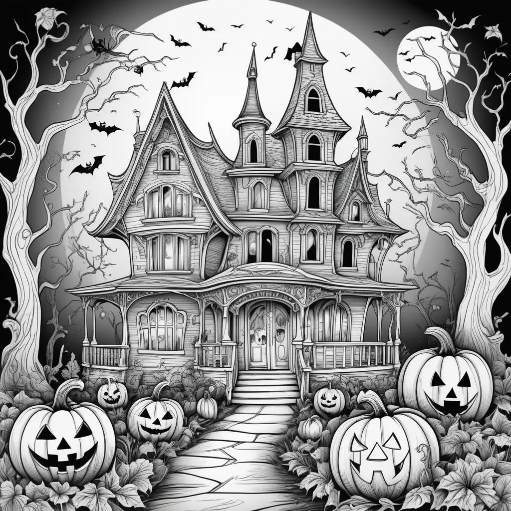 Black and white Halloween color page features a house with pumpkins