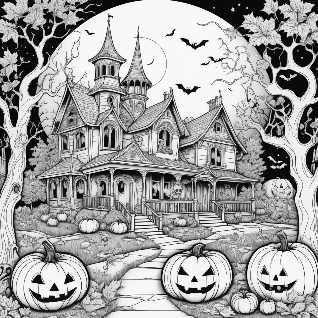 Black and white Halloween color page with pumpkins and house