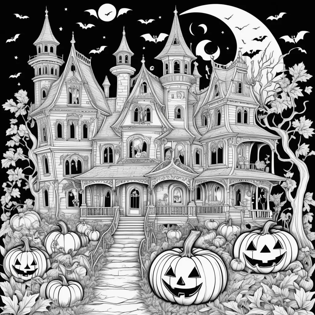 Black and white Halloween color pages featuring a house and pumpkins