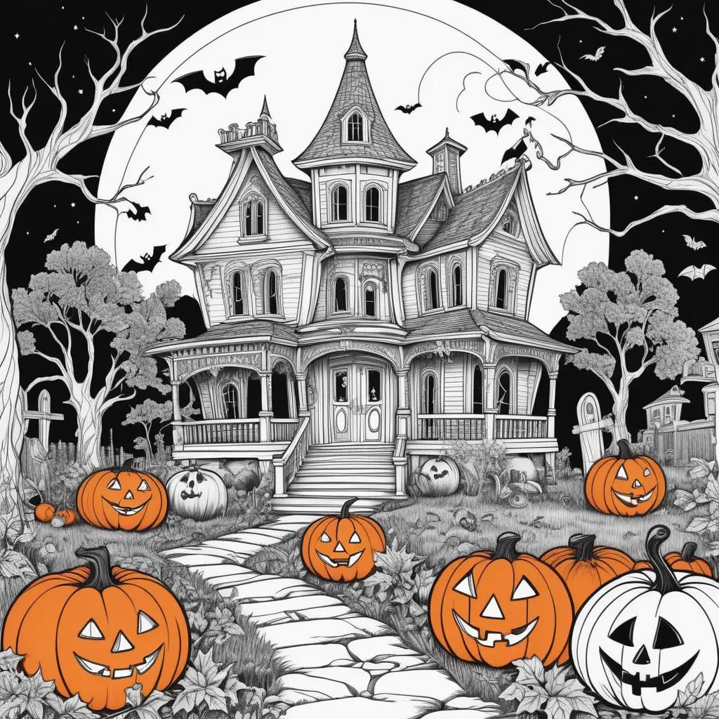 Black and white Halloween color pages featuring a house and pumpkins