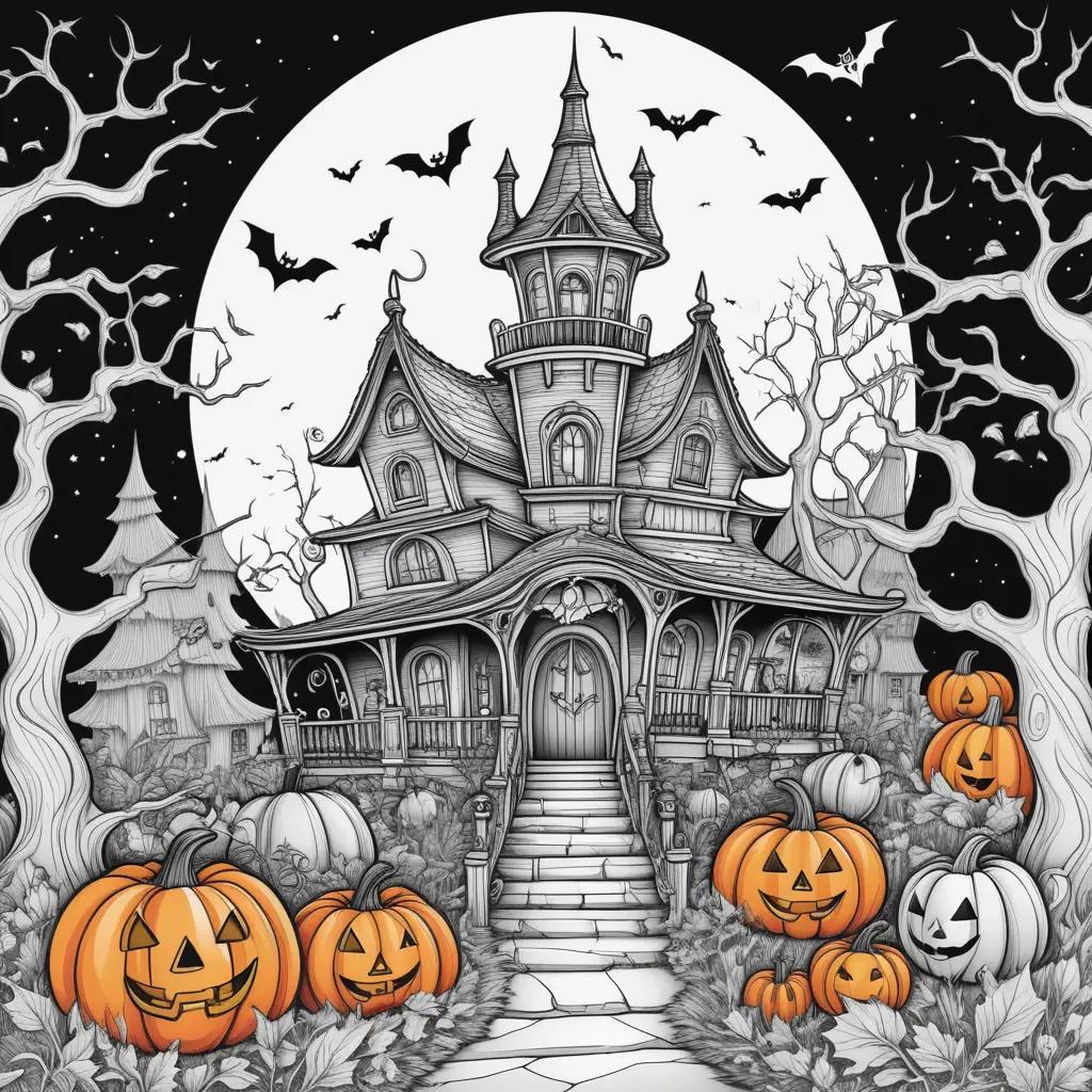 Black and white Halloween color pages with a house and pumpkins