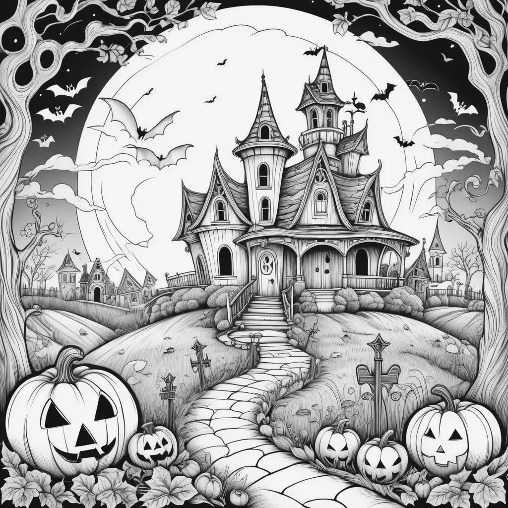 Black and white Halloween coloring page with a house, pumpkins, bats and a moon