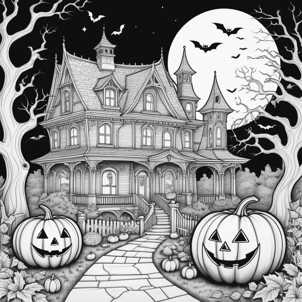 Black and white Halloween coloring pages featuring a house and pumpkins