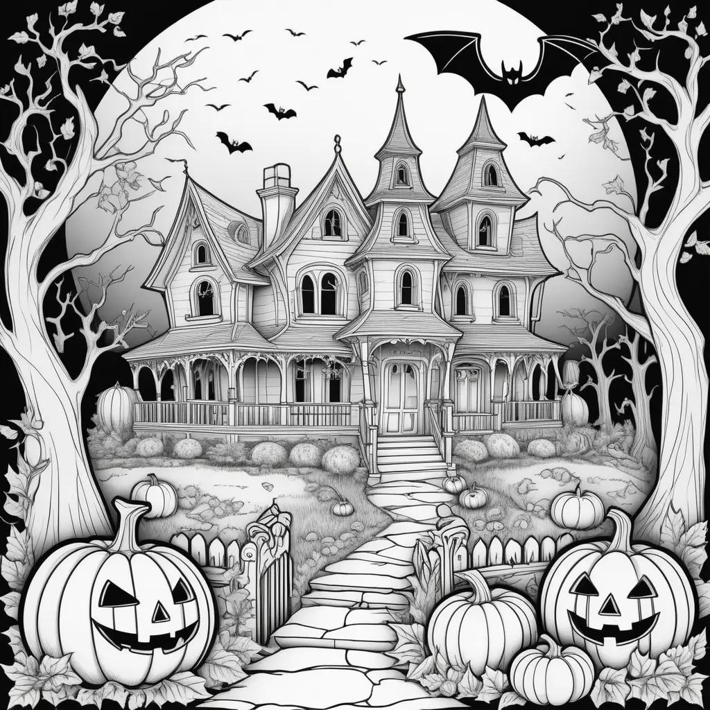 Black and white Halloween coloring pages featuring a house and pumpkins