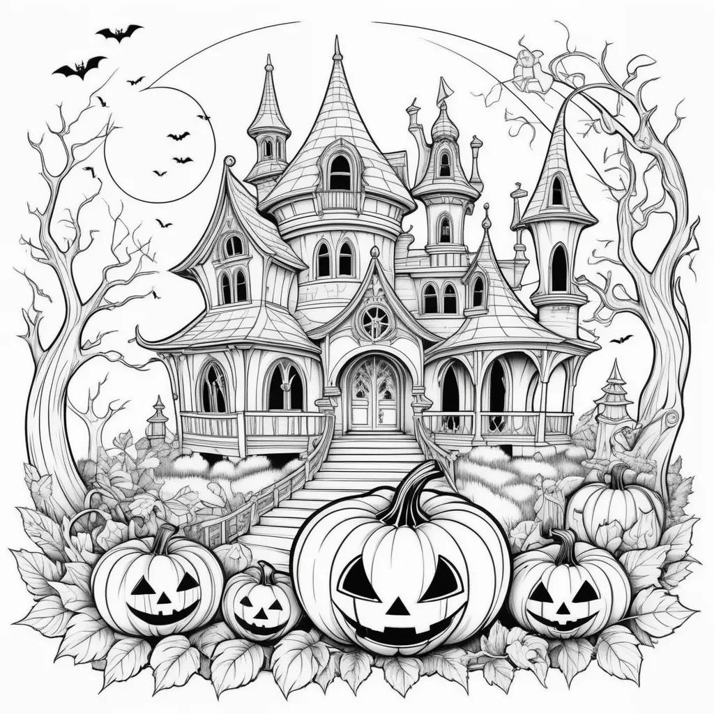 Black and white Halloween coloring pages featuring a spooky castle