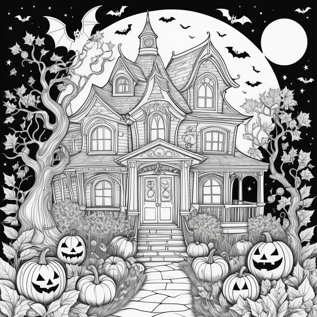 Black and white Halloween coloring pages featuring a spooky house and pumpkins