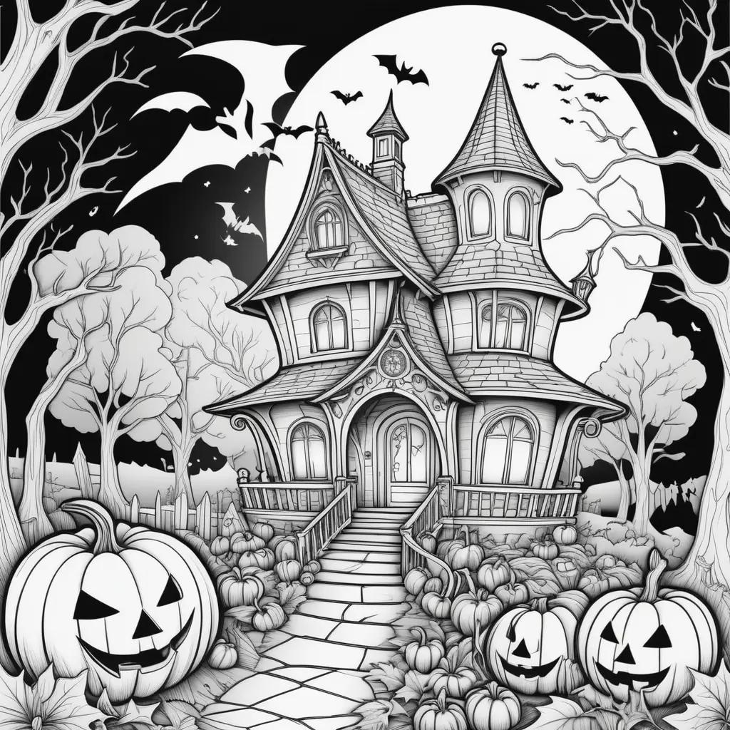 Black and white Halloween coloring pages of a house and pumpkins