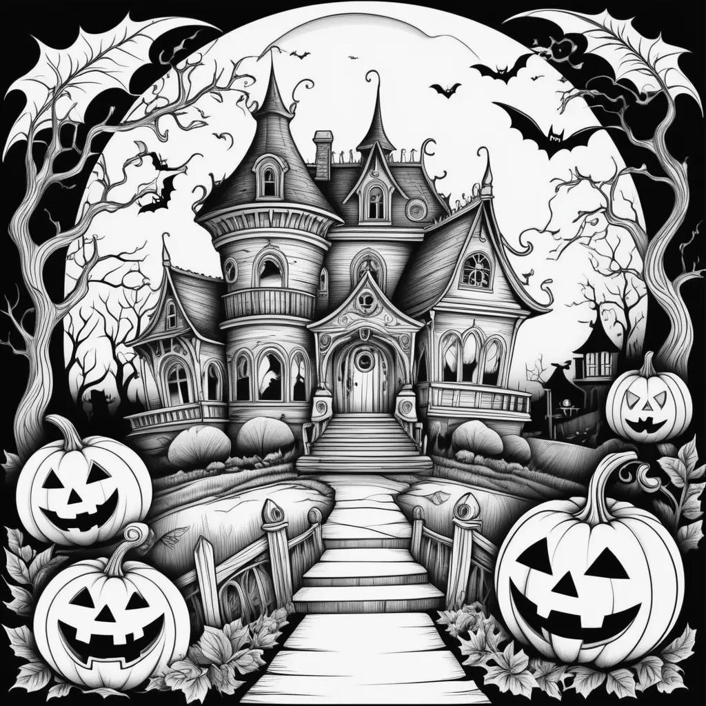 Black and white Halloween coloring pages of a scary house