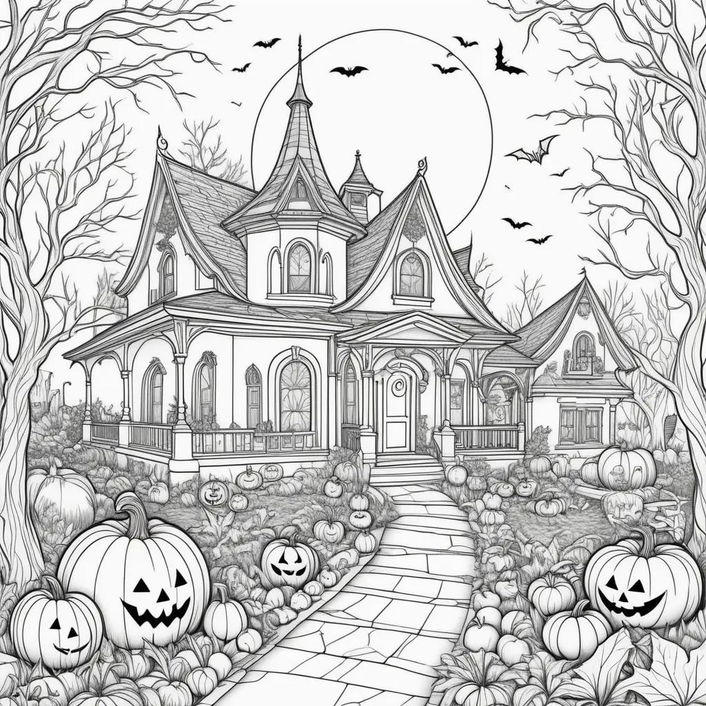 Black and white Halloween coloring pages with a house and pumpkins