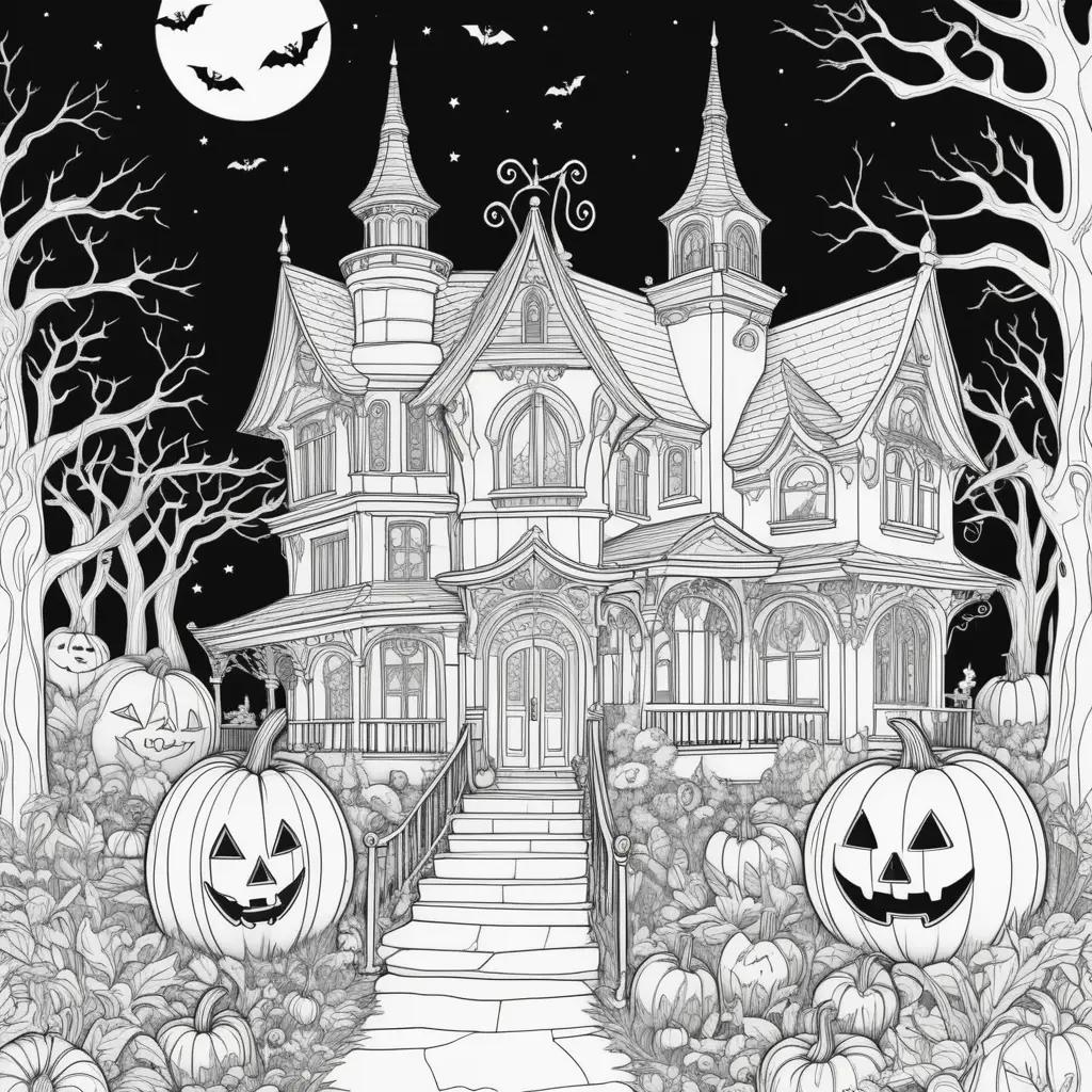 Black and white Halloween coloring pages with a house and pumpkins