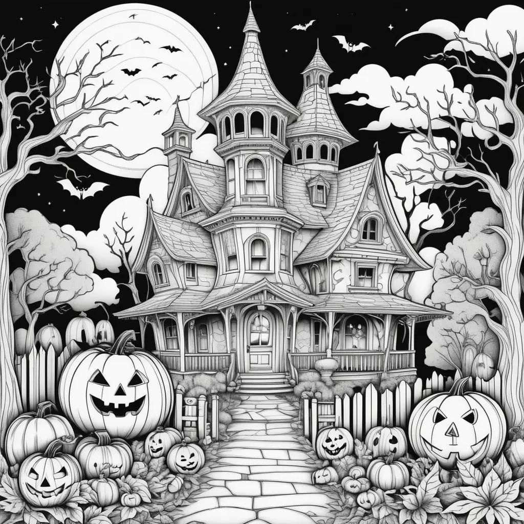 Black and white Halloween coloring pages with a house and pumpkins