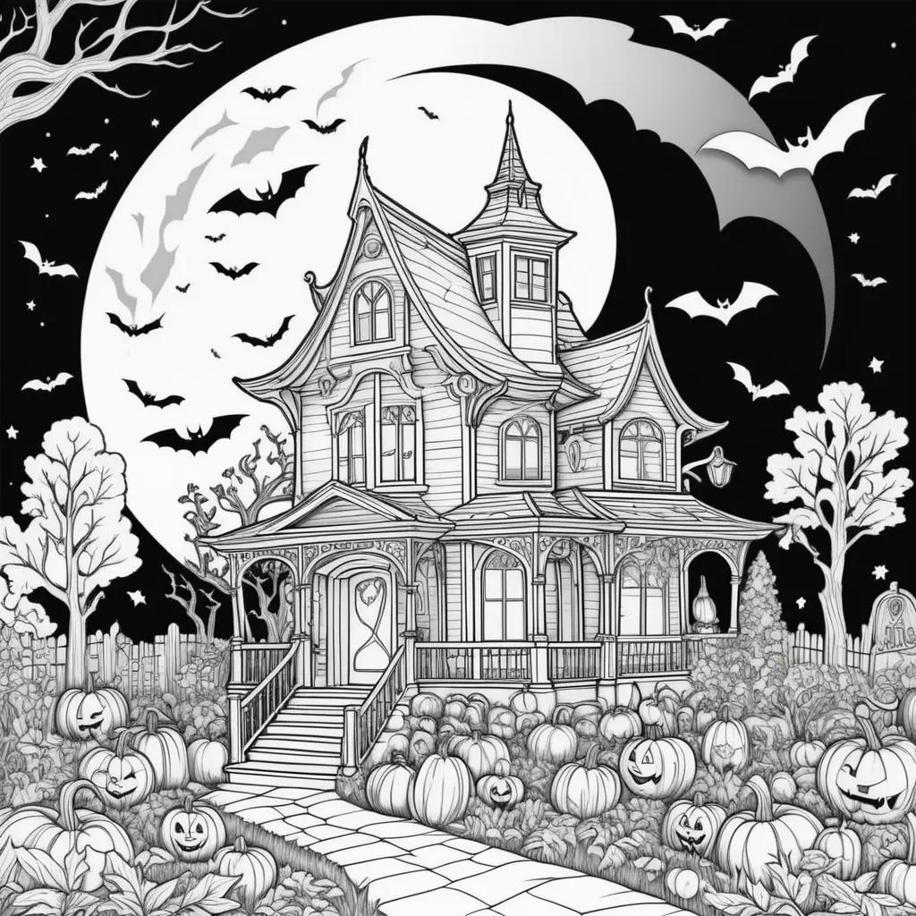 Black and white Halloween coloring pages with a house and pumpkins