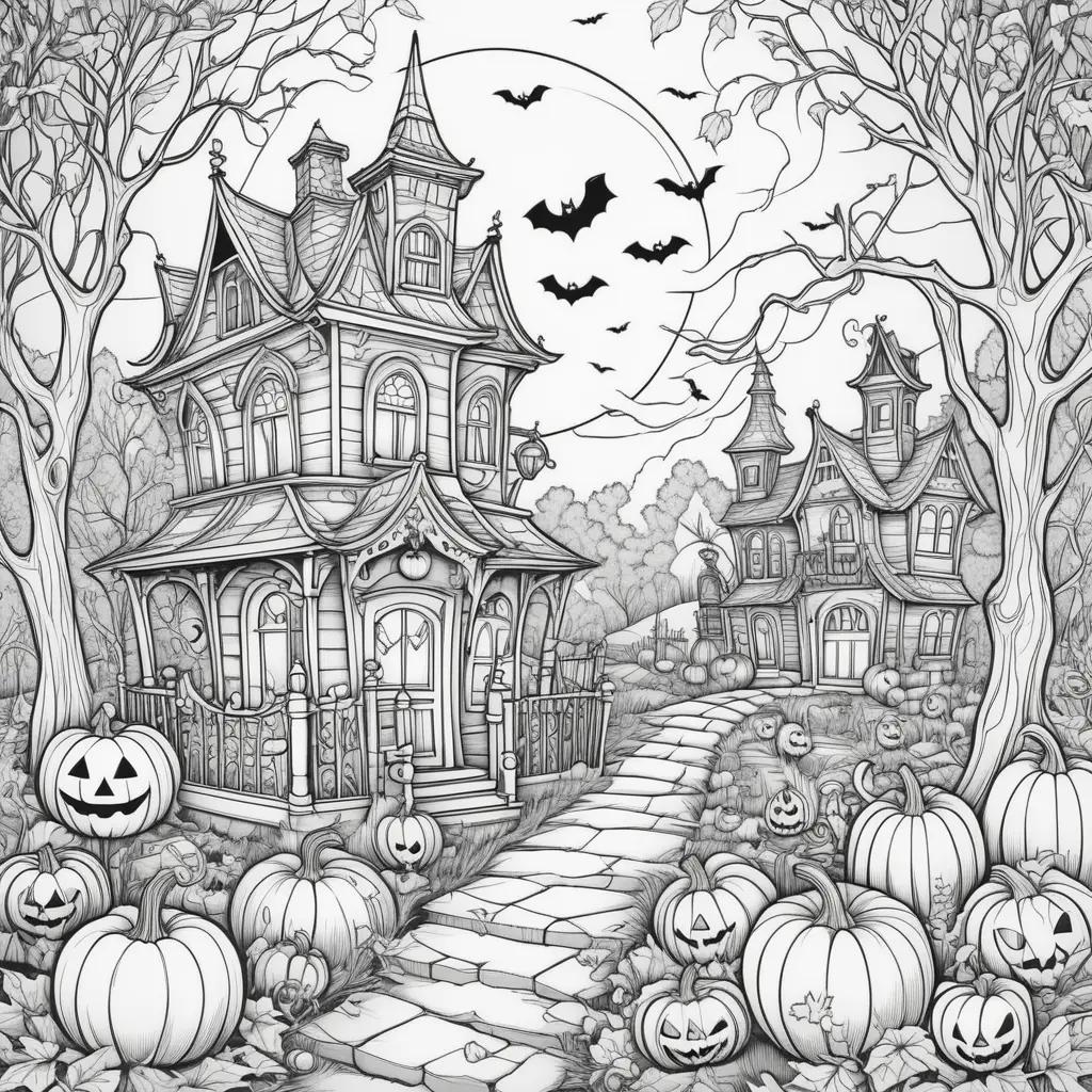 Black and white Halloween coloring pages with a house and pumpkins