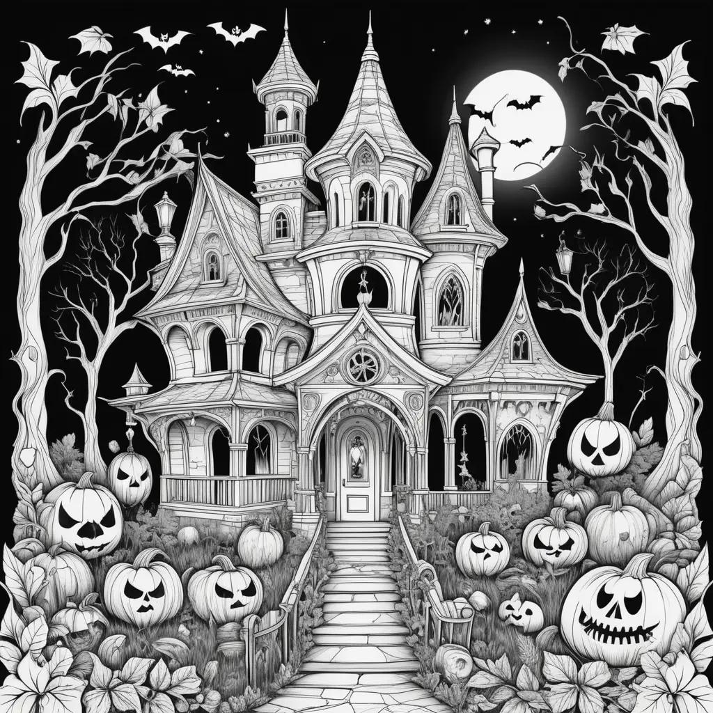 Black and white Halloween coloring pages with a spooky house and pumpkins