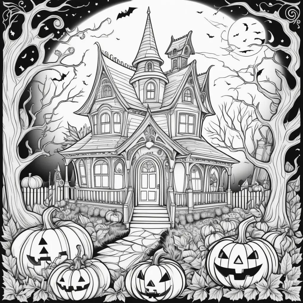 Black and white Halloween coloring pages with pumpkins and a house