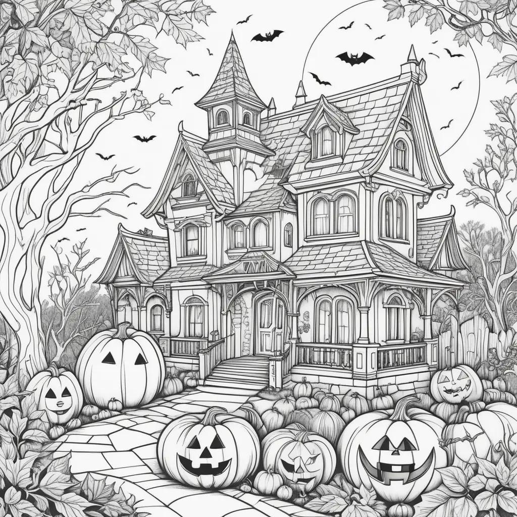 Black and white Halloween coloring pages with pumpkins and bats