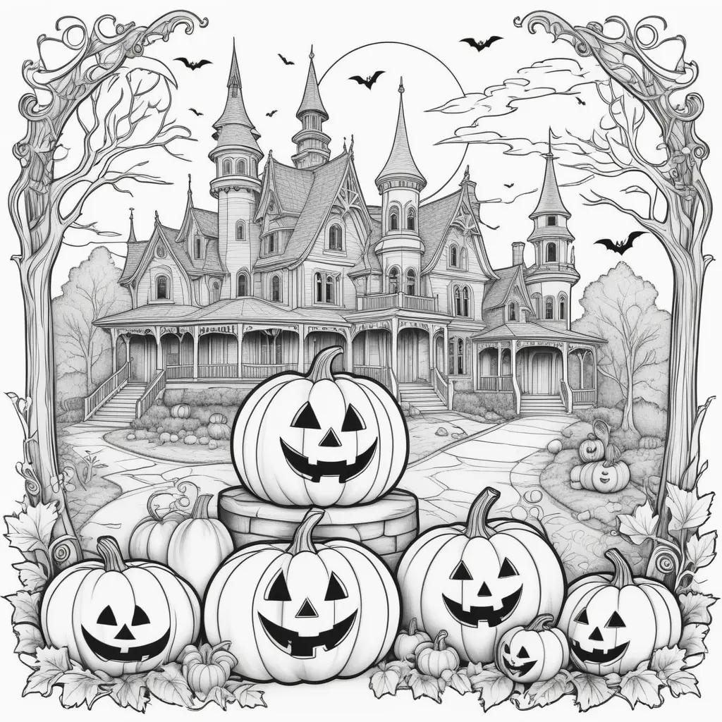 Black and white Halloween drawing of a castle with pumpkins