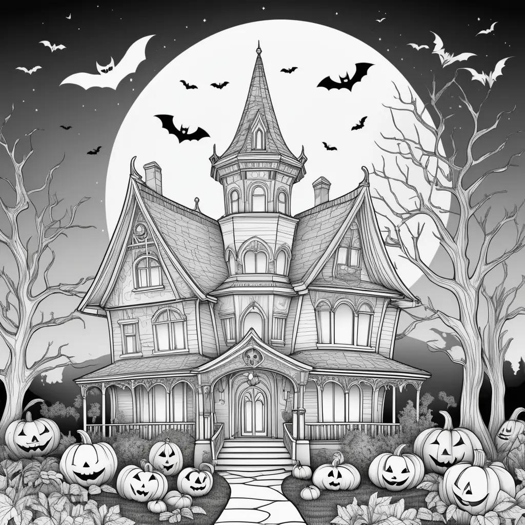 Black and white Halloween free coloring pages with a pumpkin house and bats