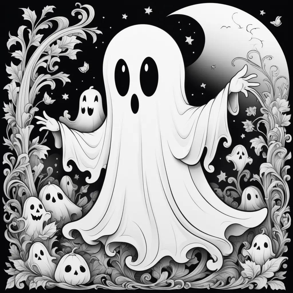 Black and white Halloween ghost coloring page