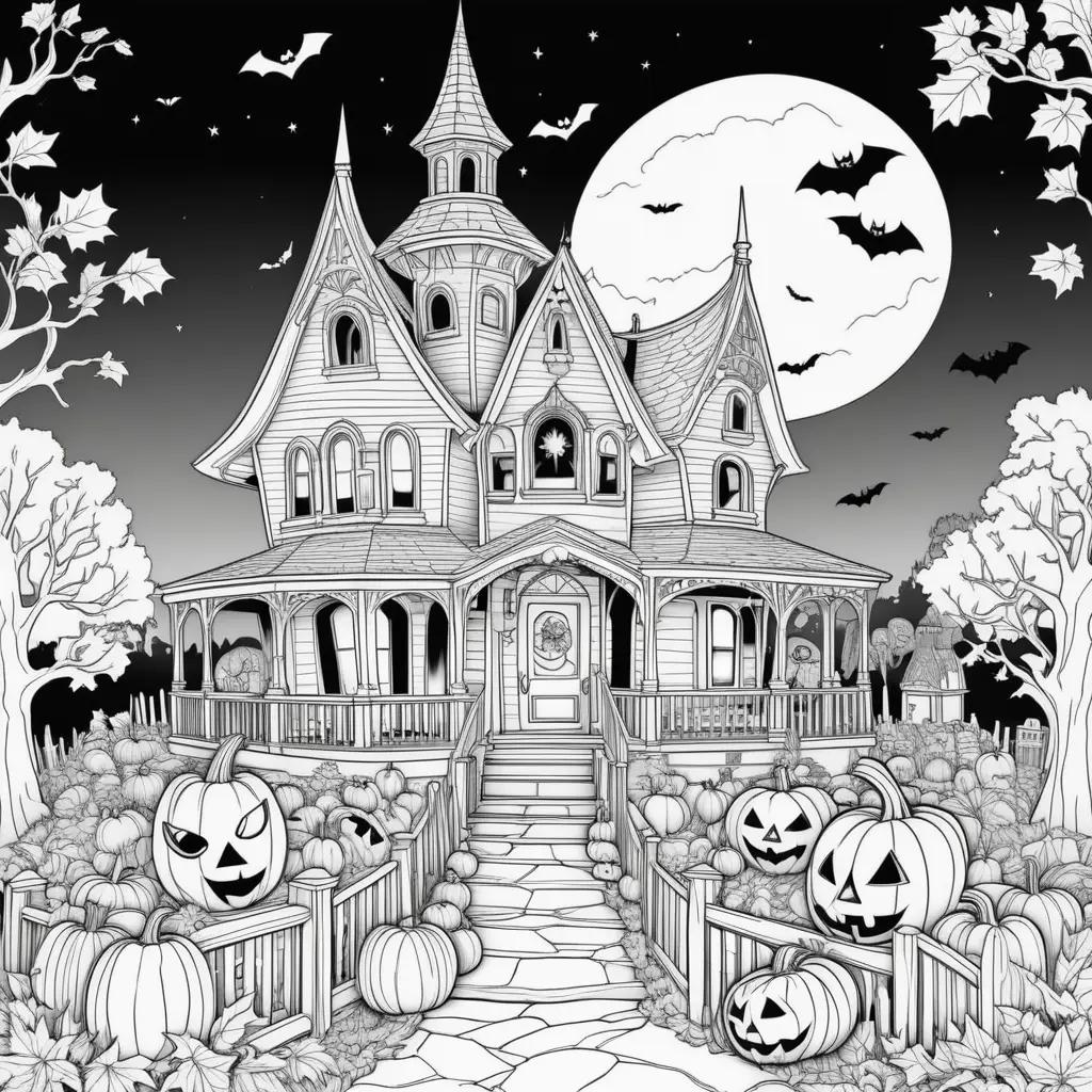 Black and white Halloween house and pumpkins coloring pages