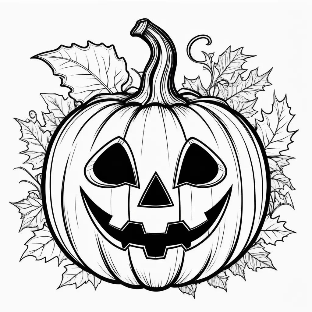 Black and white Halloween pumpkin drawing with leaves