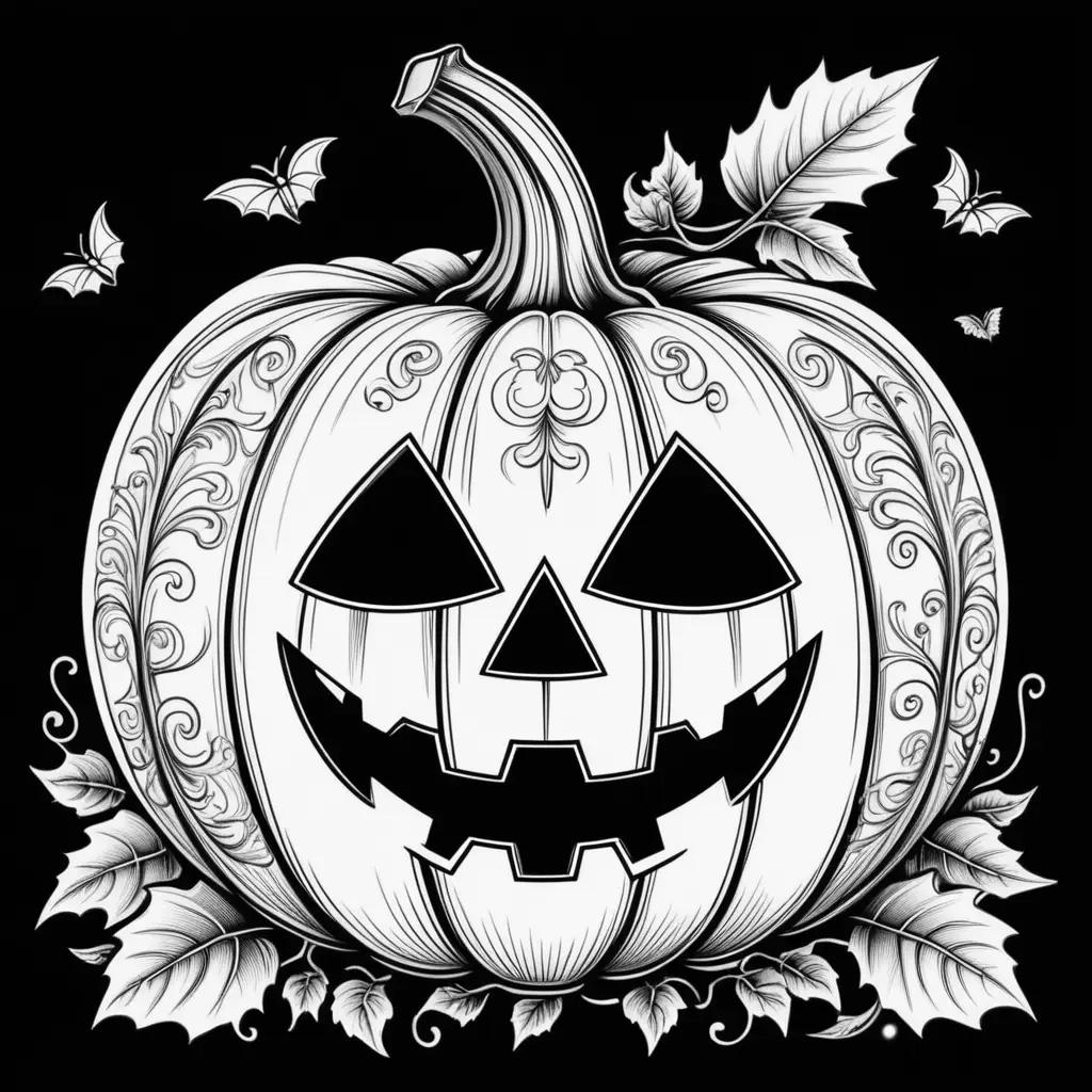 Black and white Halloween pumpkin with leaves