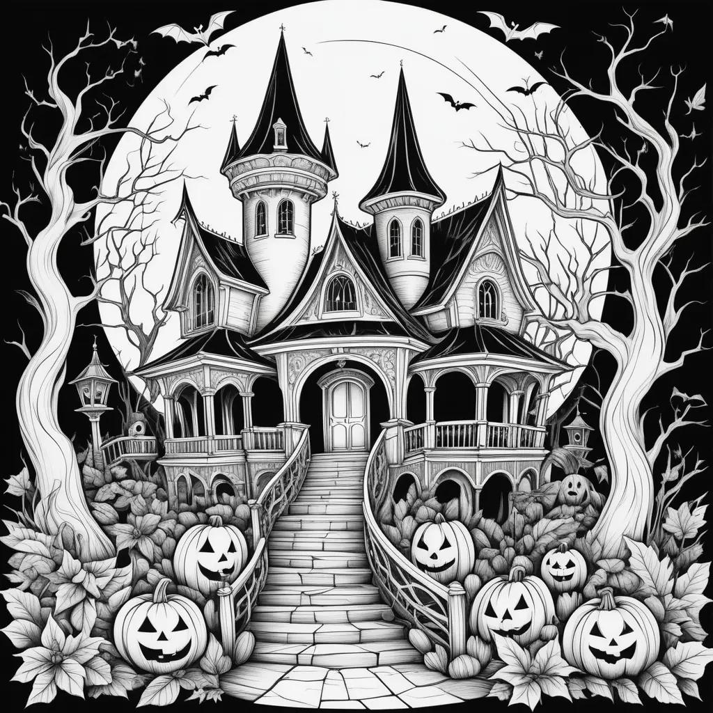 Black and white Halloween spooky coloring pages