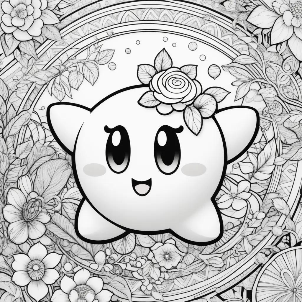 Black and white Kirby coloring page with flowers