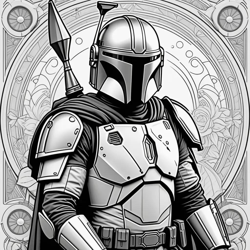 Black and white Mandalorian color pages with a rose