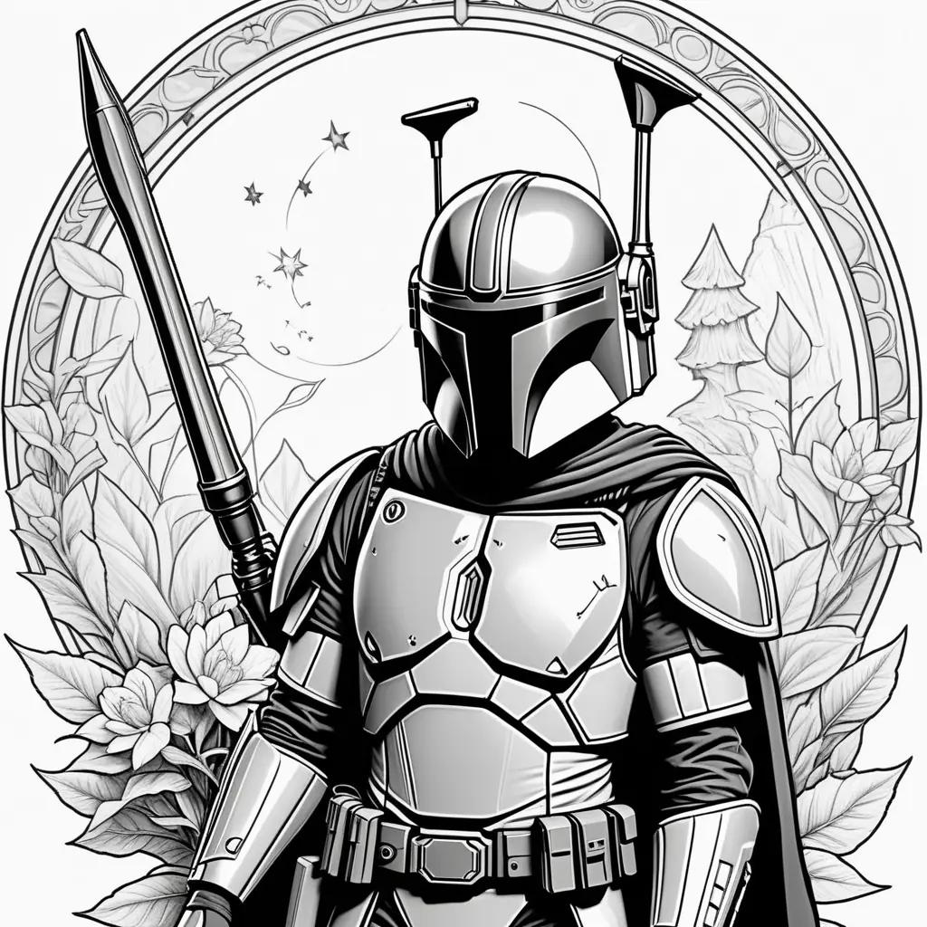 Black and white Mandalorian color pages with flowers