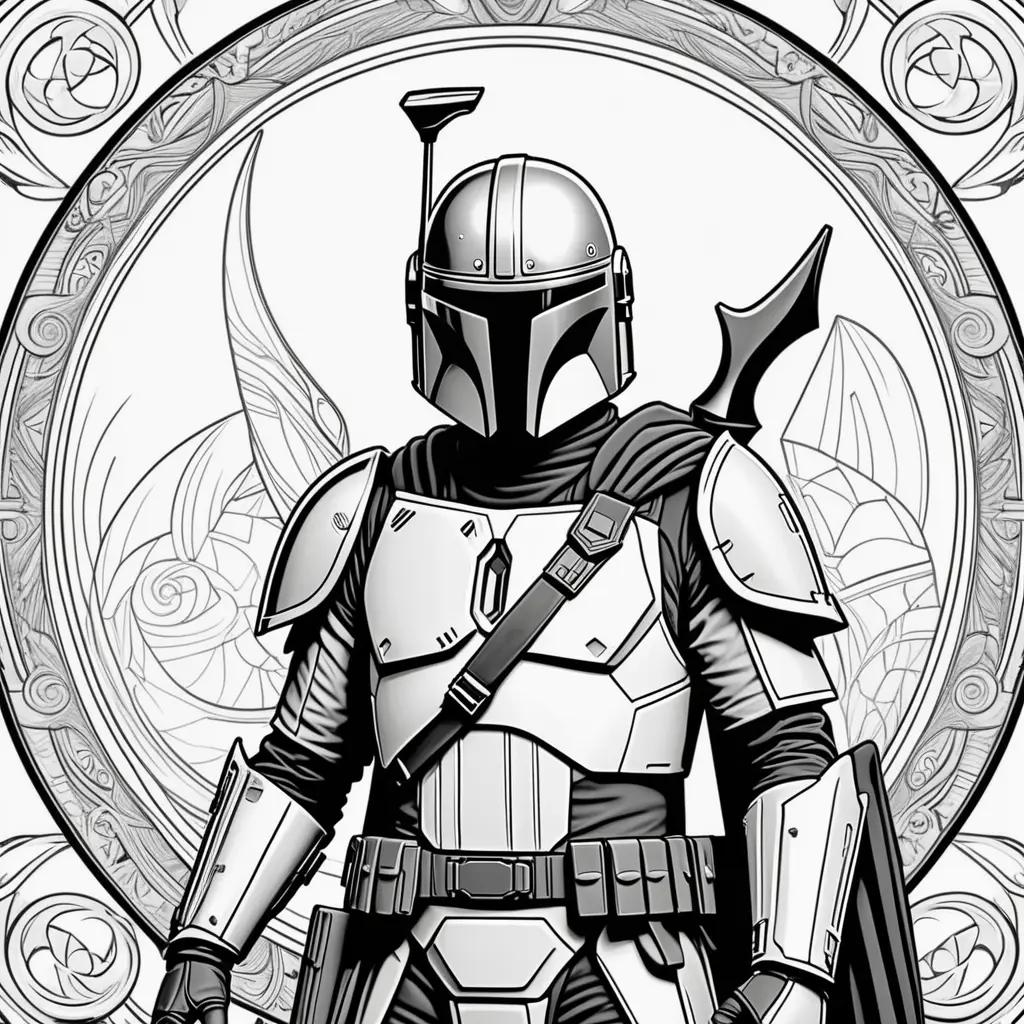 Black and white Mandalorian coloring pages with weapon and shield