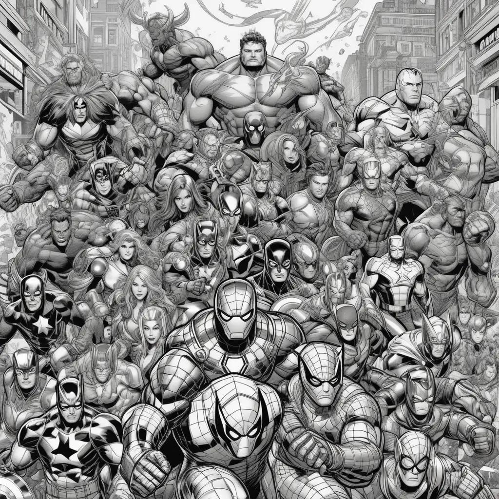 Black and white Marvel color pages featuring a variety of characters