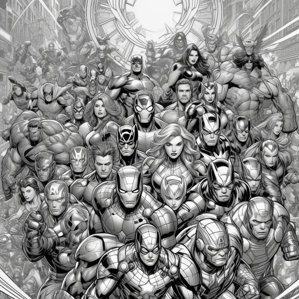 Black and white Marvel color pages featuring heroes