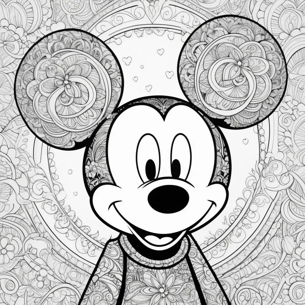 Black and white Mickey Mouse coloring page with a floral border