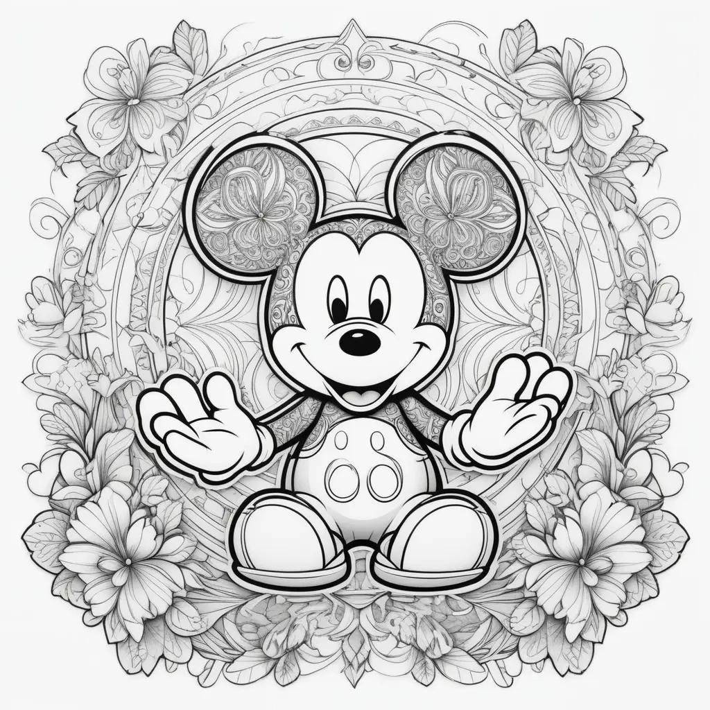 Black and white Mickey Mouse coloring page with flowers