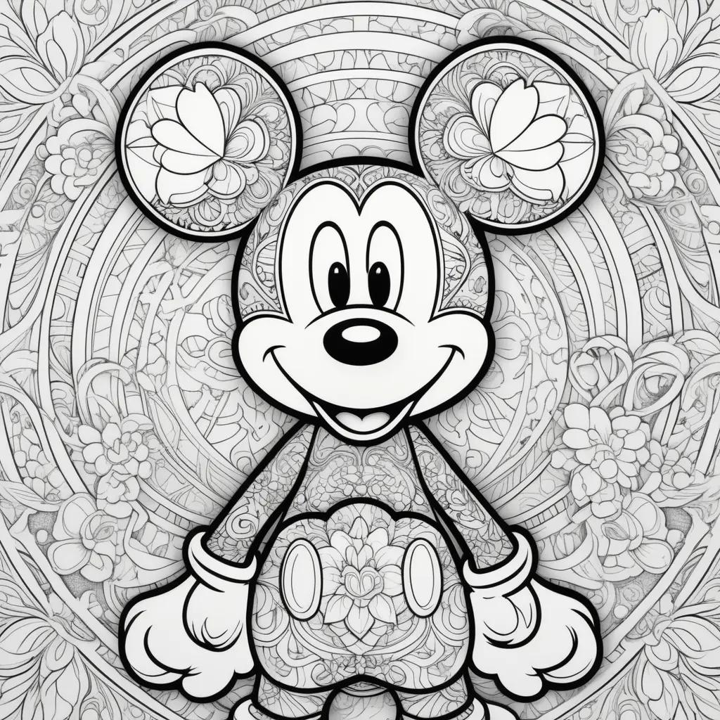 Black and white Mickey Mouse coloring page with flowers