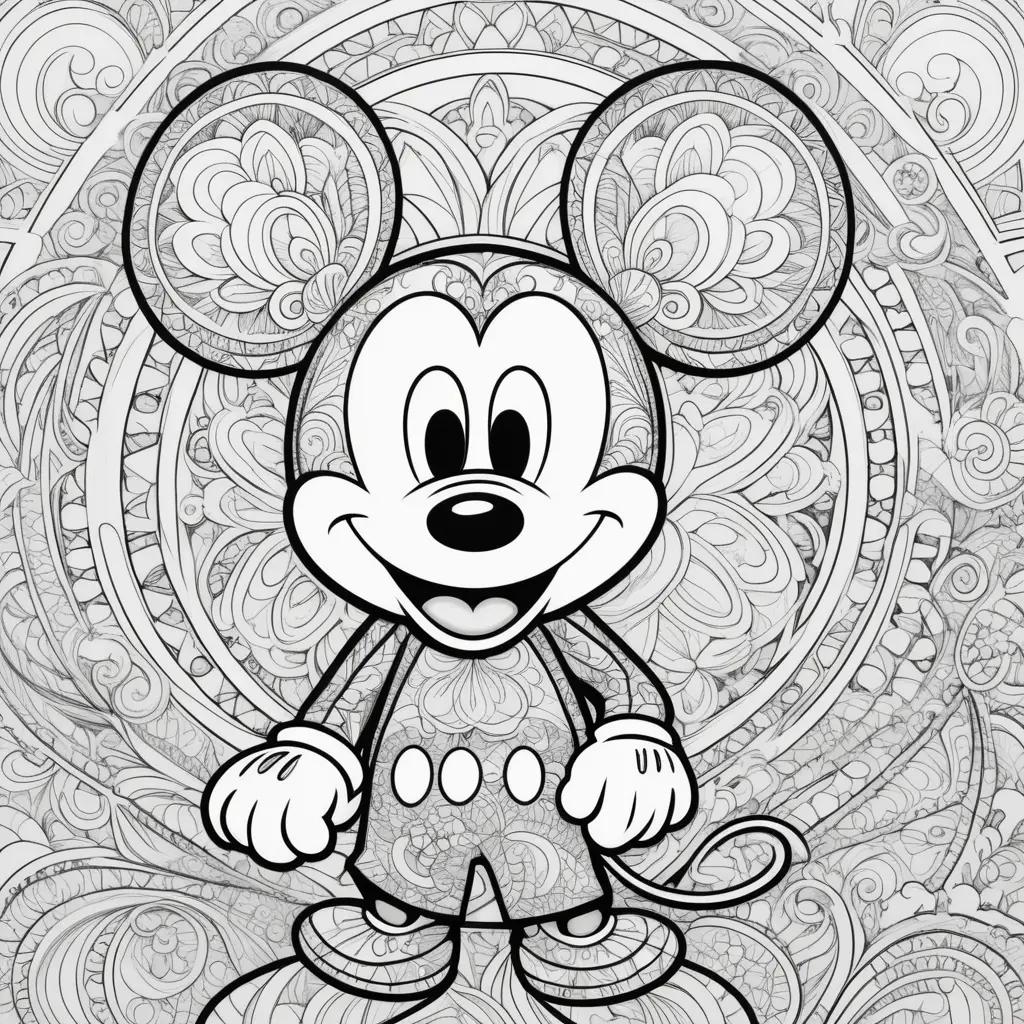 Black and white Mickey Mouse coloring page with intricate patterns