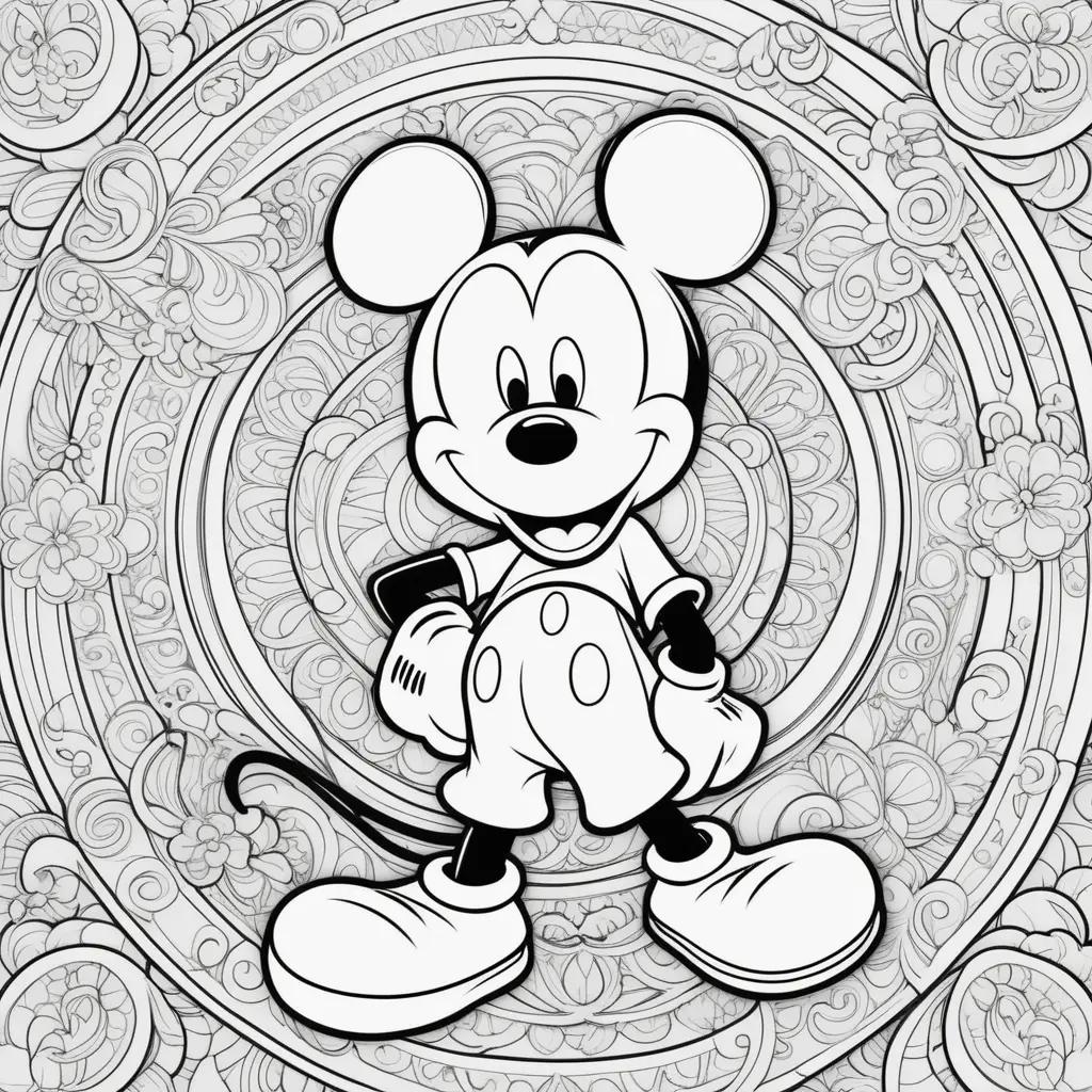 Black and white Mickey Mouse coloring pages with colorful background