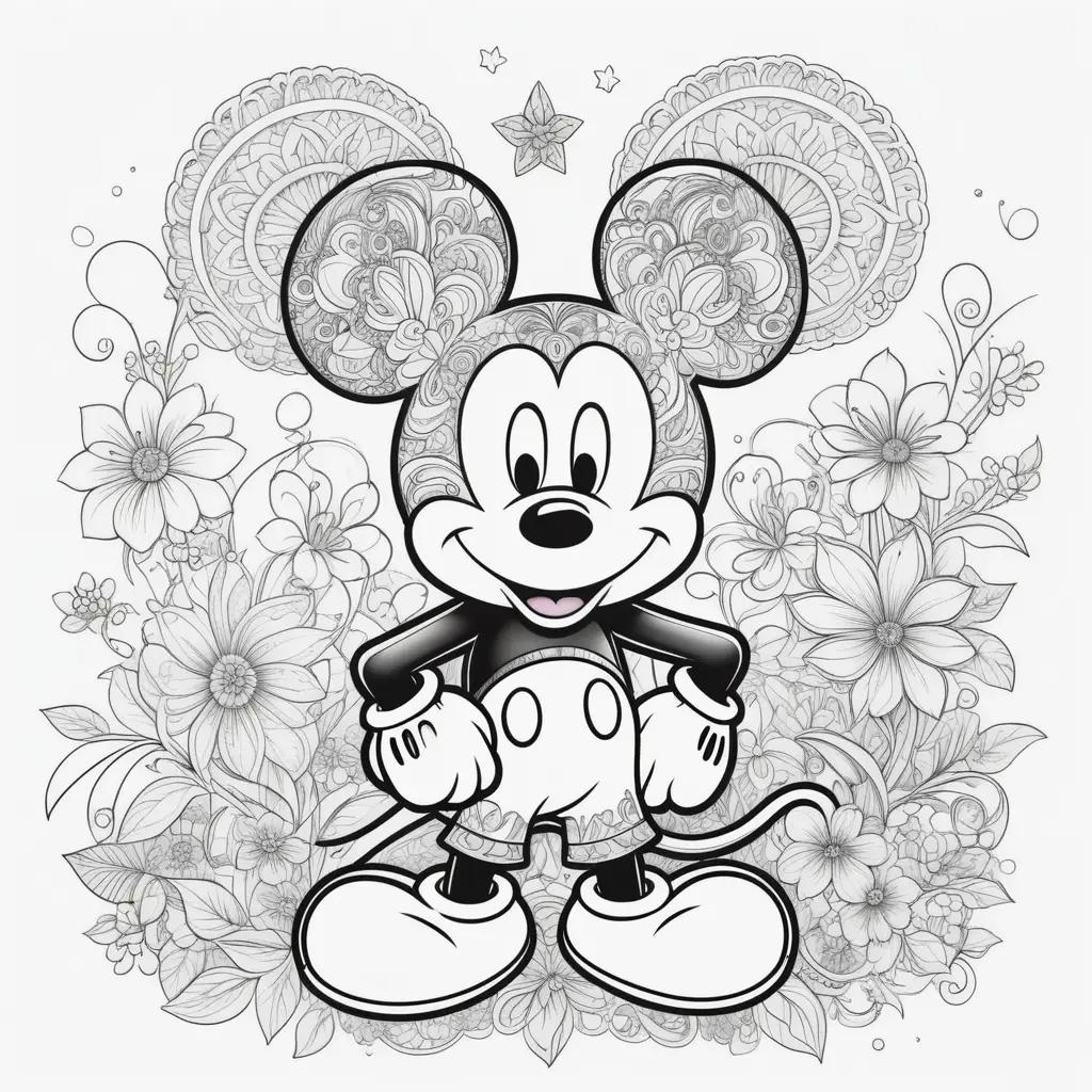 Black and white Mickey Mouse coloring pages with flowers