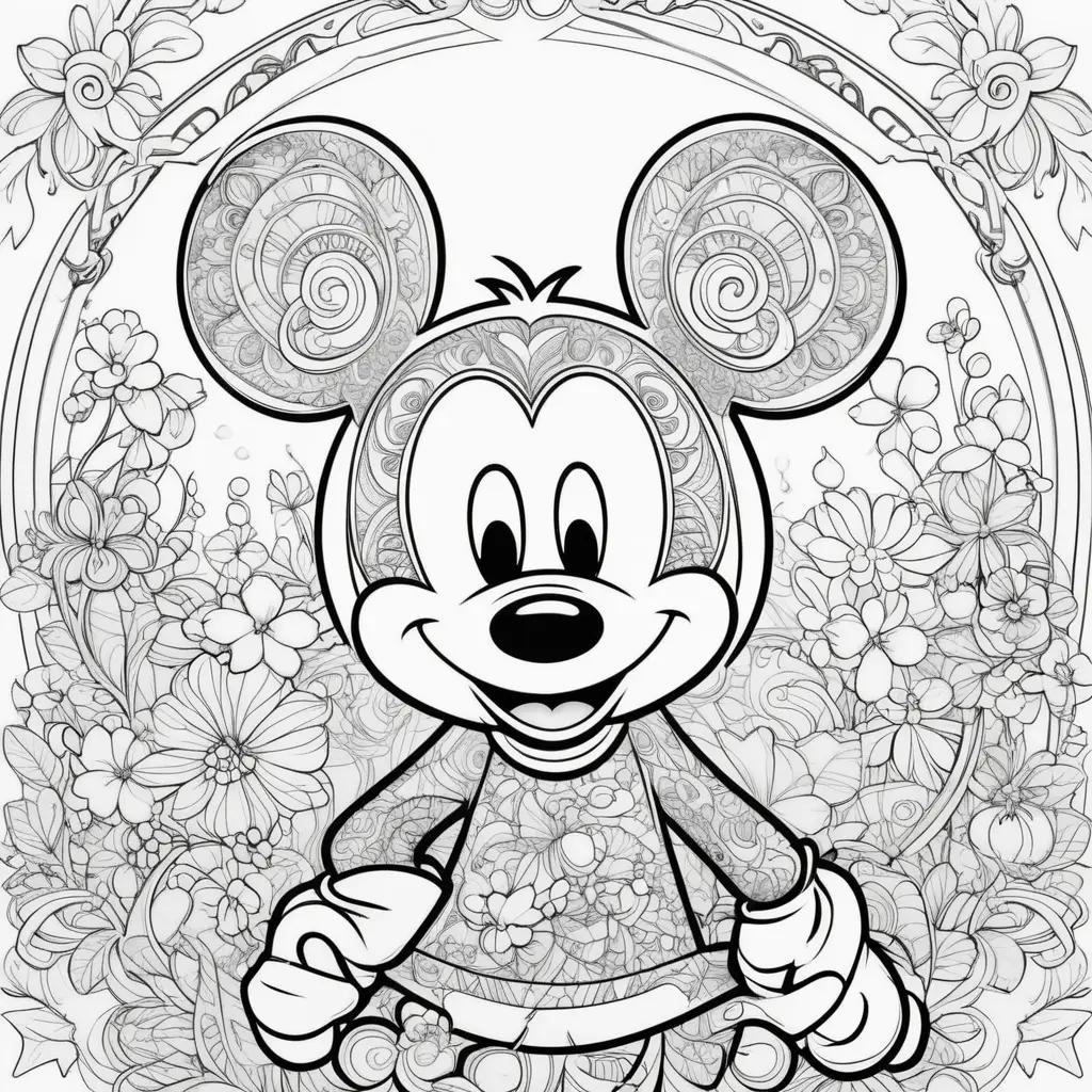 Black and white Mickey coloring pages with flowers