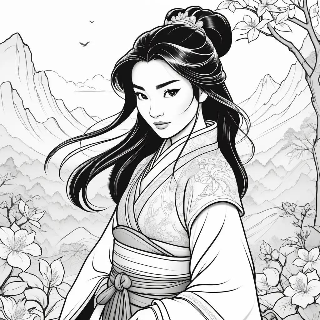 Black and white Mulan coloring pages featuring a woman with long hair
