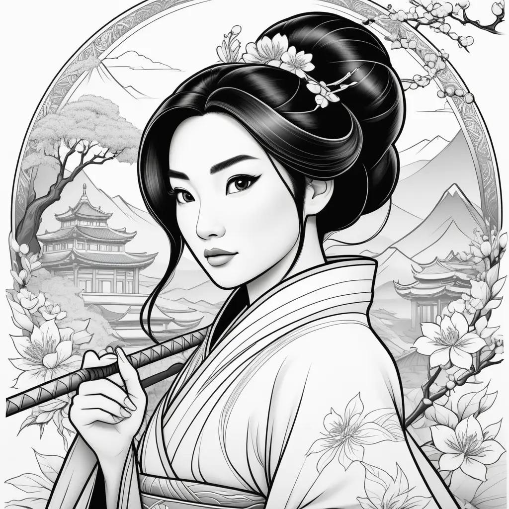 Black and white Mulan coloring pages with Asian style flowers and buildings