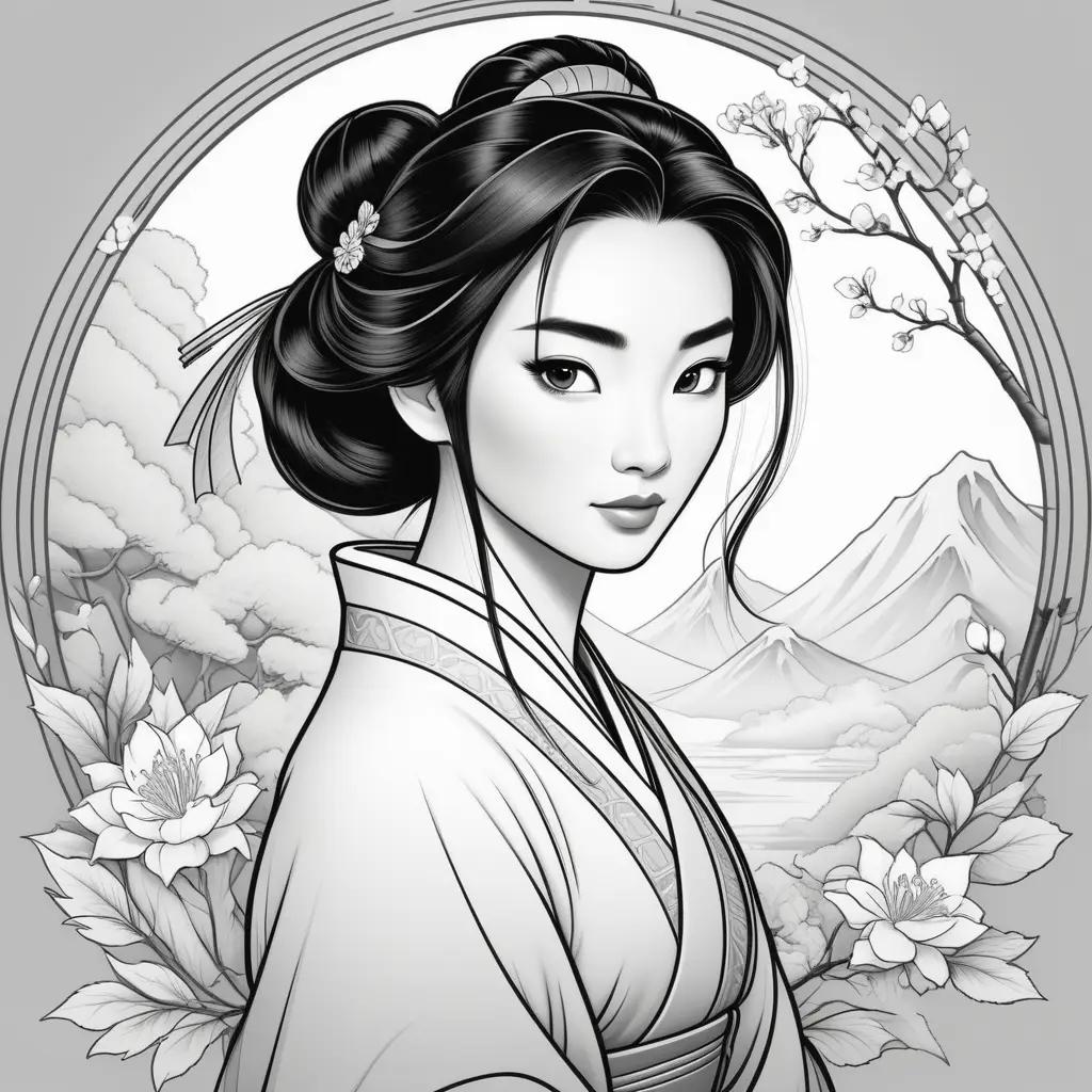 Black and white Mulan coloring pages with flowers